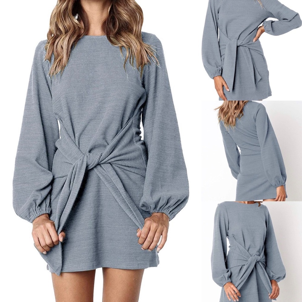 Slate Blue NWT Balloon Sleeve Tie Waist Dress